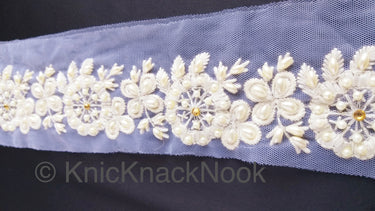 White Pearl And Rhinestones Beads Net Lace Trim, Floral Trim, One Yard